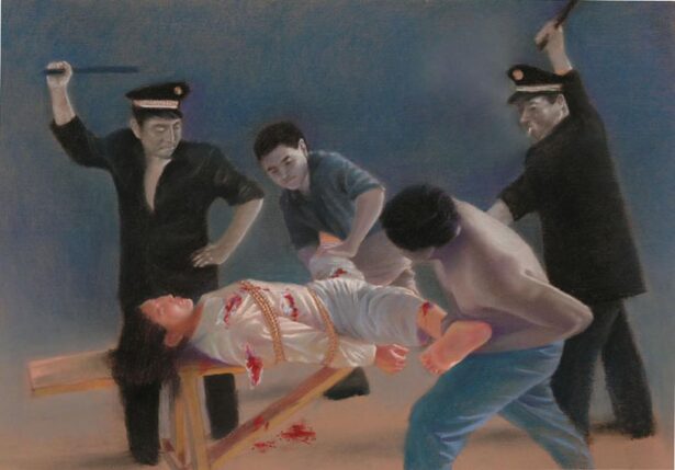 An illustration of one of the sexual torture methods employed by the CCP officials to coerce female Falun Gong adherents to renounce their faith. (Minghui.org)