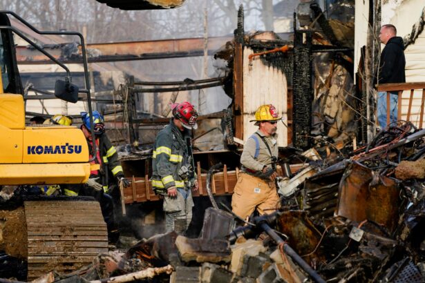 Firefighters work at the scene