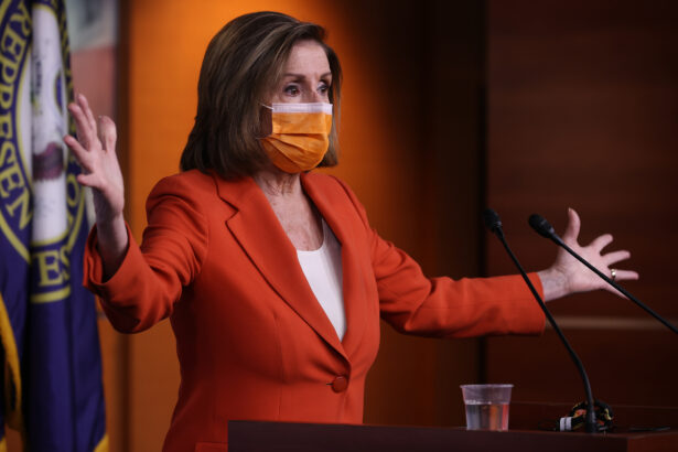 House Speaker Nancy Pelosi (D-Calif.) holds a news conference one day after Congress passed a $1.9 trillion COVID-related stimulus package at the Capitol Visitors Center in Washington, on March 11, 2021. (Chip Somodevilla/Getty Images)