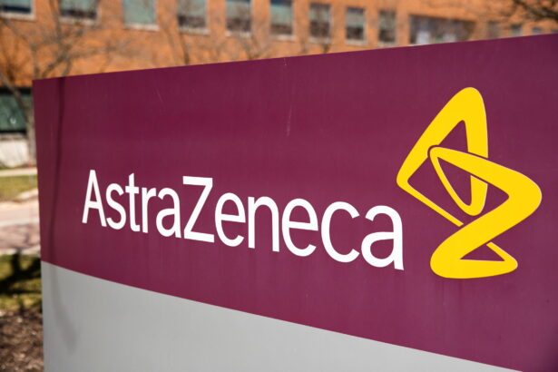 The logo for AstraZeneca is seen outside its North America headquarters in Wilmington, Del., on March 22, 2021. (Rachel Wisniewski/Reuters)
