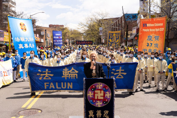 Maria Flores-Vasquez, New York State Assembly 40th district leader, speaks at a rally in Flushing, New York, on April 18, 2021, to commemorate the 22nd anniversary of the April 25th peaceful appeal of 10,000 Falun Gong practitioners in Beijing. (Larry Dye/The Epoch Times)