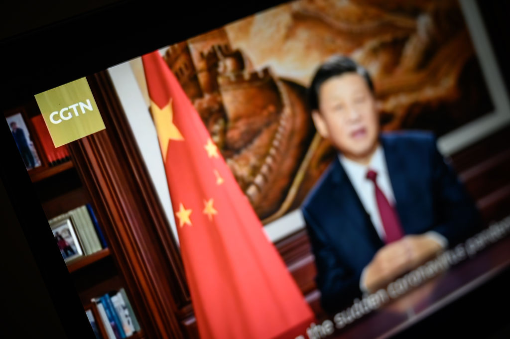 Chinese leader Xi Jinping is seen on a program from the CGTN archive as it plays on a computer monitor in London, England, on Feb. 4, 2021. (Leon Neal/Getty Images)