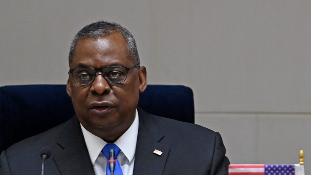 U.S. Defense Secretary Lloyd Austin addresses a joint media briefing held in New Delhi, India, on March 20, 2021. (Money Sharma/AFP via Getty Images)