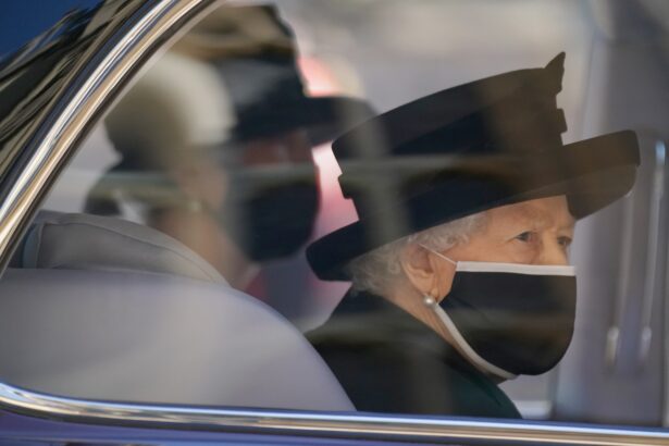 Britain's Queen Elizabeth II arrives for the funeral of Prince Philip at St. George's Chapel, in Windsor, Britain, on April 17, 2021. (Victoria Jones/Pool via Reuters)