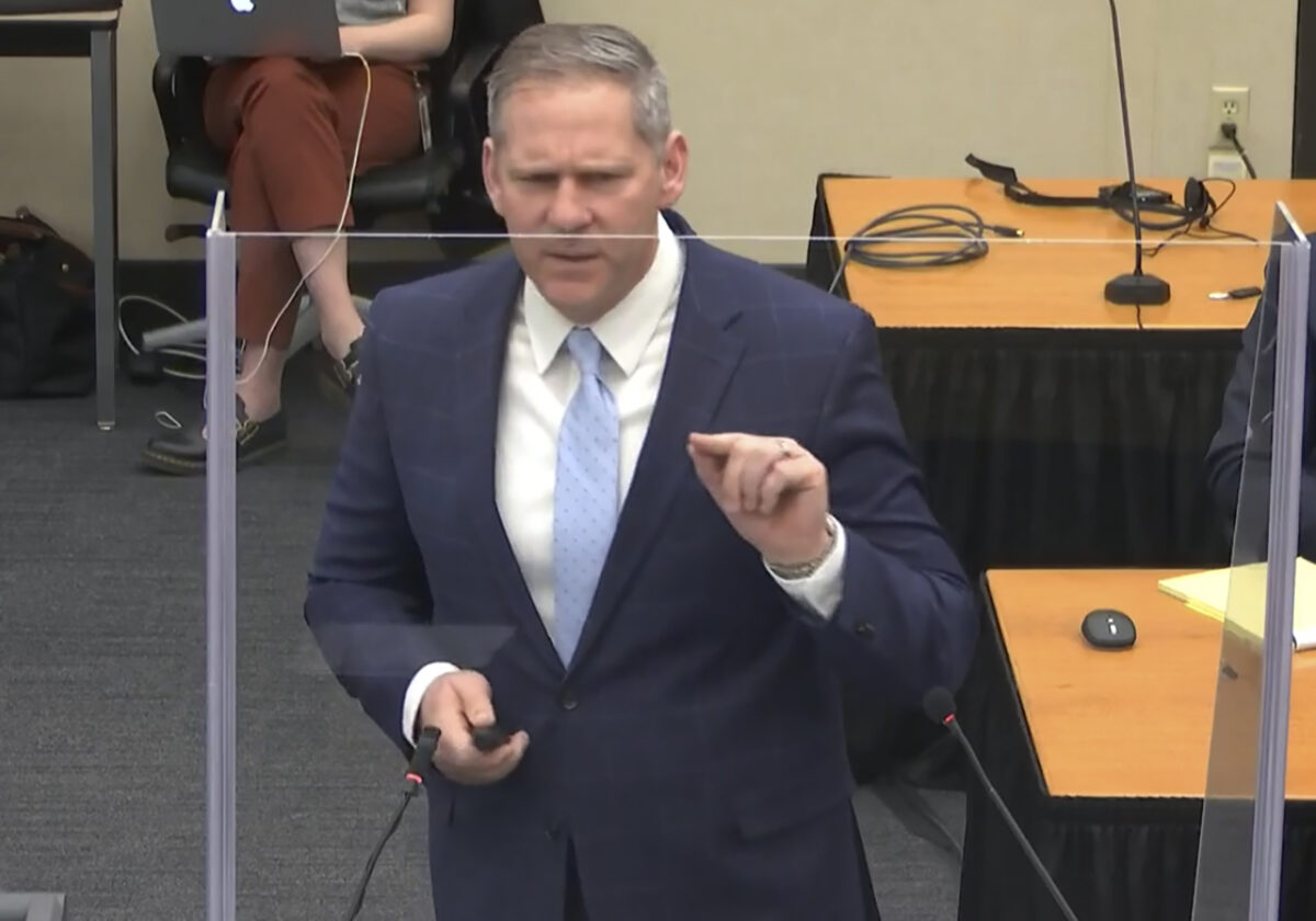 Prosecutor Steve Schleicher gives closing arguments at the Hennepin County Courthouse, Minn., on April 19, 2021. (Court TV via AP, Pool)