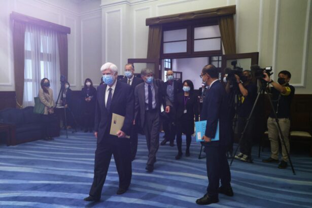 Former U.S. Sen. Chris Dodd (D-Conn.) arrives with the U.S. delegation for a meeting with Taiwan President Tsai Ing-wen (not pictured) at the presidential office in Taipei, on April 15, 2021. (Ann Wang/Pool/AFP via Getty Images)