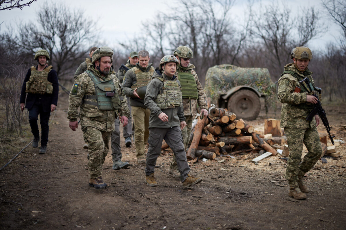Ukraine's President Volodymyr Zelenskiy visits positions of armed forces near the frontline with Russian-backed separatists during his working trip in Donbass region, in Ukraine, on April 8, 2021. (Ukrainian Presidential Press Service/Handout via Reuters)