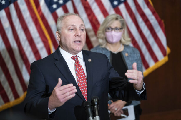 Rep. Steve Scalise (R-La.) speaks during a press conference following a House Republican caucus meeting on Capitol Hill in Washington, on April 20, 2021. (Sarah Silbiger/Getty Images)