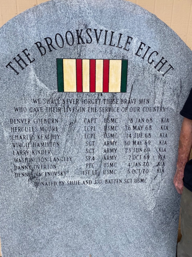 "The Brooksville Eight" monument stands guard at the front door of VFW Post 8713 in Brooksville, Florida. (Patricia Tolson/The Epoch Times)