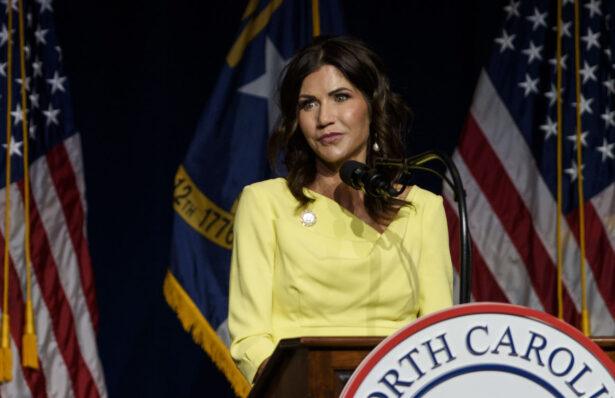 South Dakota Gov. Kristi Noem speaks to attendees at the NCGOP convention in Greenville, North Carolina, on June 5, 2021. (Melissa Sue Gerrits/Getty Images)