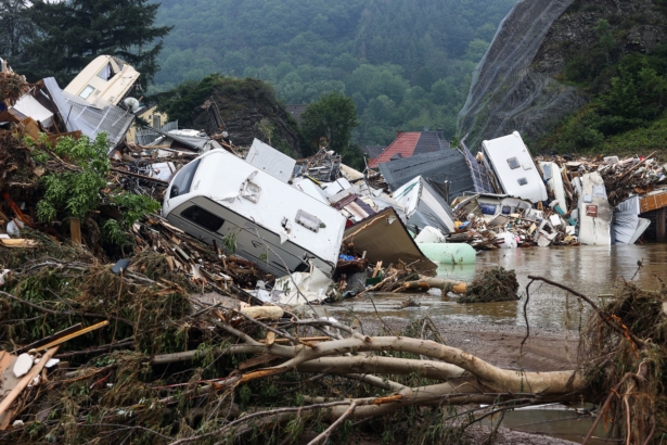 A pile of broken trees and debris is seen in a flooded area following heavy rainfalls in Kreuzberg, Germany, on July 17, 2021. (Wolfgang Rattay /Reuters)