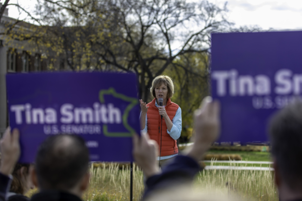 Sen. Tina Smith (D-Minn.) speaks during the University of Minnesota DFL GOTV Bus Tour Rally in Minneapolis, Minn., on Nov. 2, 2018. (Kerem Yucel/AFP via Getty Images)