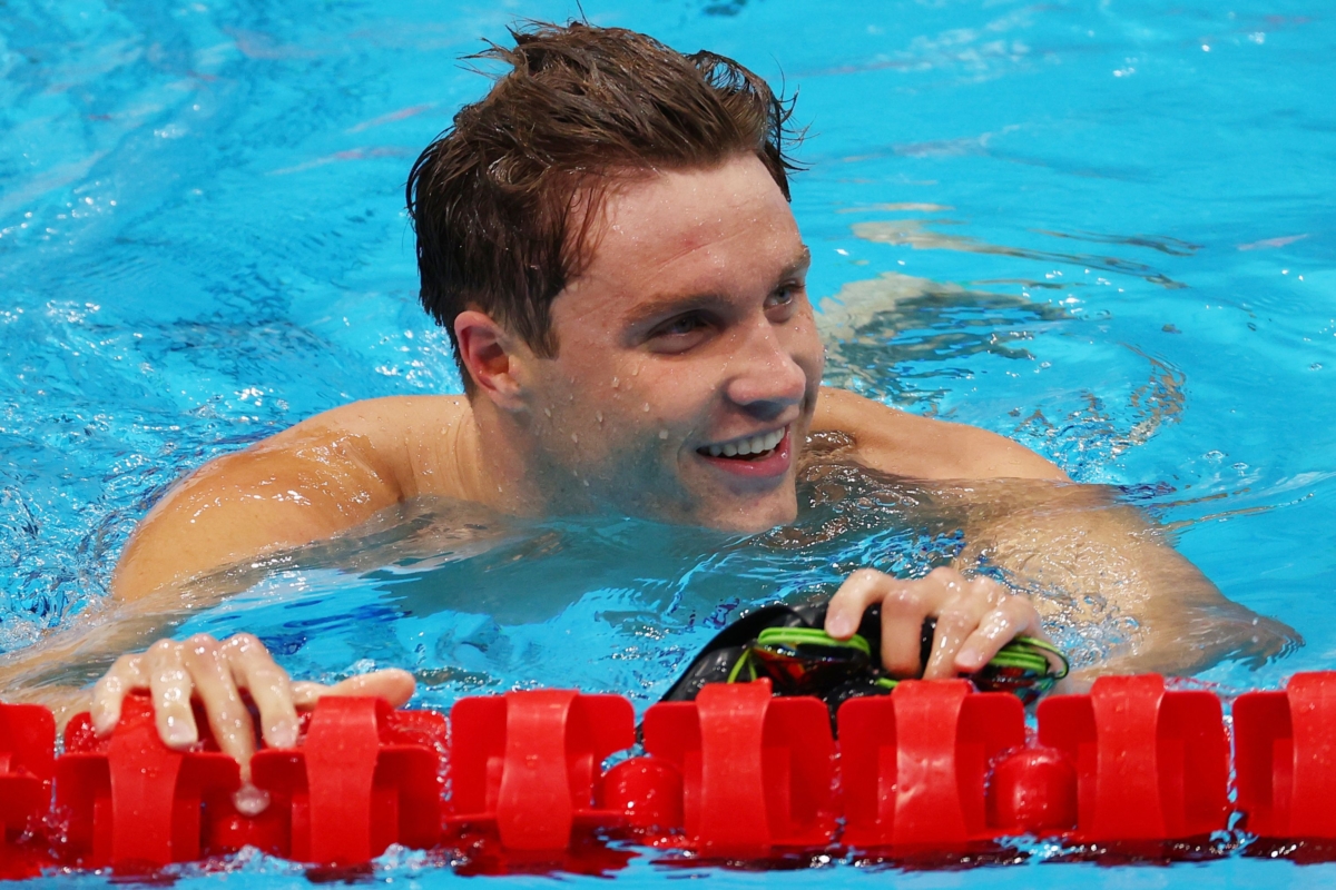 Bobby Finke of the United States reacts after winning the first-ever 800-meter freestyle at the Olympics, during the Tokyo Olympics in Tokyo, Japan, on July 29, 2021. (Lisi Niesner/Reuters)