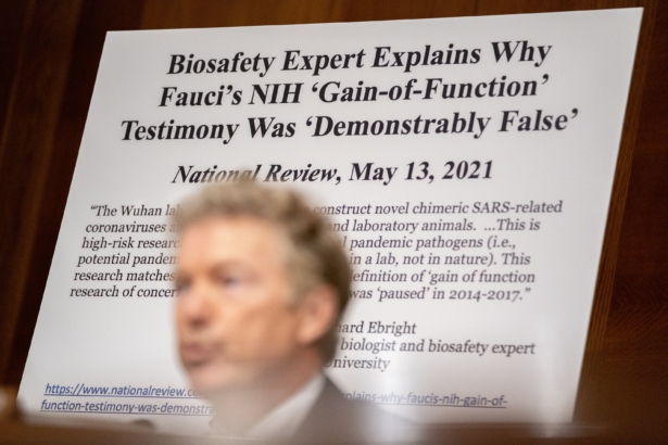 A sign is displayed behind Sen. Rand Paul (R-Ky.) as he speaks at a Senate Health, Education, Labor, and Pensions Committee hearing at the Dirksen Senate Office Building in Washington on July 20, 2021. (Stefani Reynolds/Pool/Getty Images)
