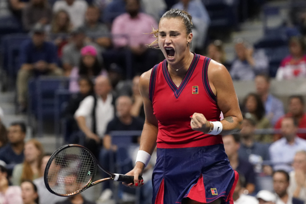 Aryna Sabalenka of Belarus reacts after scoring a point against Leylah Fernandez of Canada during the semifinals of the U.S. Open tennis championships in New York on Sept. 9, 2021. (Elise Amendola/AP Photo)