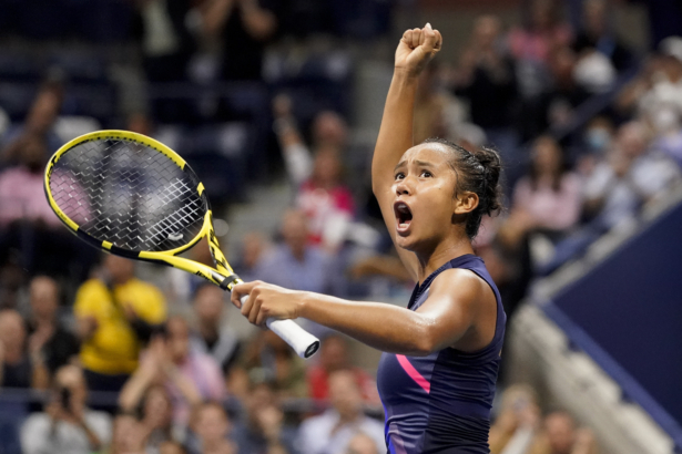 Leylah Fernandez of Canada reacts after winning the first set against Aryna Sabalenka of Belarus during the semifinals of the U.S. Open tennis championships in New York on Sept. 9, 2021. (Elise Amendola/AP Photo)