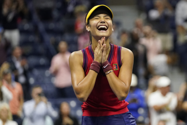 Emma Raducanu of Great Britain reacts after defeating Maria Sakkari of Greece during the semifinals of the U.S. Open tennis championships, in New York on Sept. 9, 2021. (Frank Franklin II/AP Photo)