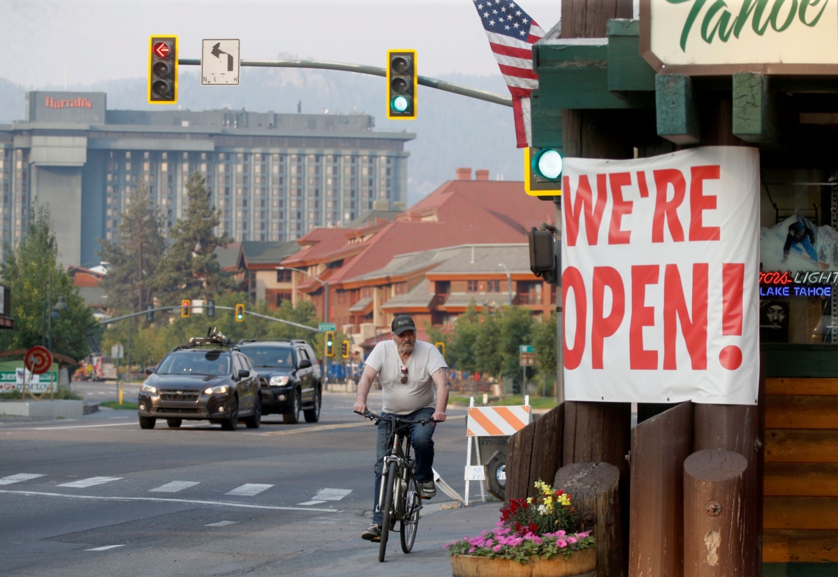 Traffic flows along Highway 50 near Stateline, Nev., as residents begin to return to South Lake Tahoe, Calif., on Sept. 5, 2021. (Jane Tyska/Bay Area News Group via AP)