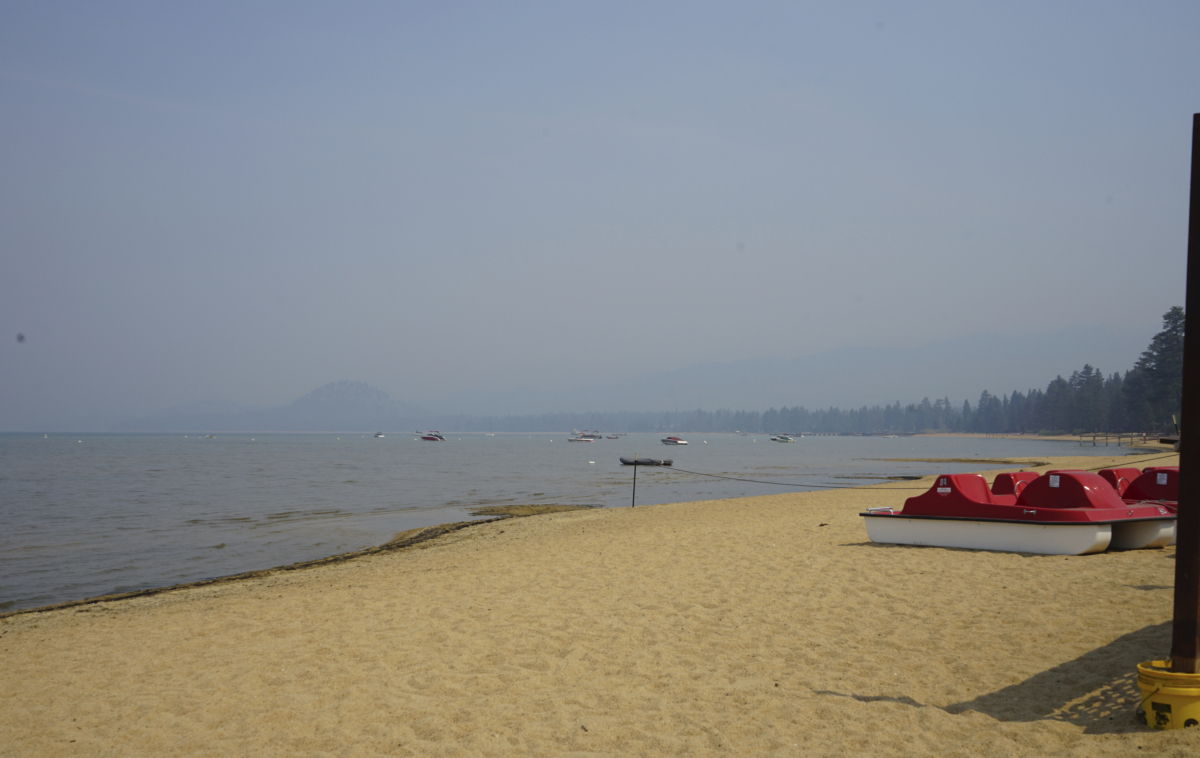 Smoke shrouds parts of Lake Tahoe visible from Ski Run Marina in downtown South Lake Tahoe, Calif., on, Sept. 6, 2021. (Samuel Metz/AP Photo)