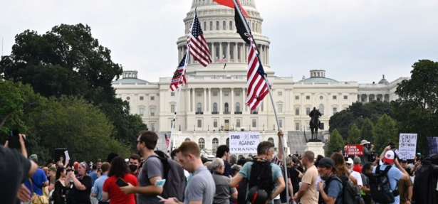 Demonstrators gather for the "Justice for J6" rally in Washington on Sept. 18, 2021. (Pedro Uugarte/AFP via Getty Images)