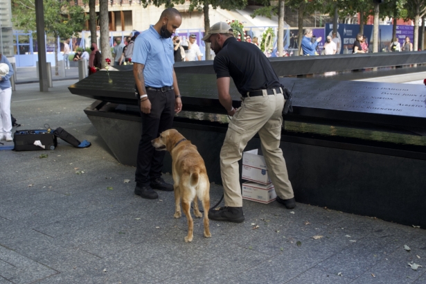 NYPD officers inspect suspicious boxes at the World Trade Center memorial site in Manhattan, New York, on Sep. 10, 2021 (Enrico Trigoso/T