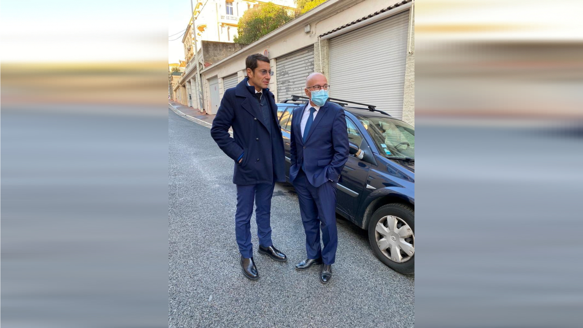 Member of French parliament Eric Ciotti (R) visits the police station where, according to reports, a police official was injured after being stabbed with a knife, in Cannes, France, on Nov. 8, 2021. (Twitter/ECiotti/via Reuters)