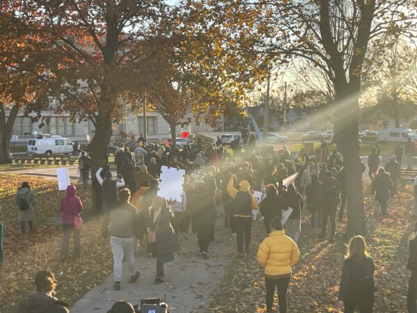 Protesters against the Kyle Rittenhouse jury verdict return to the park in front of the courthouse after their march through Kenosha, Wis., on Nov. 21, 2021. (Jackson Elliott/The Epoch Times)