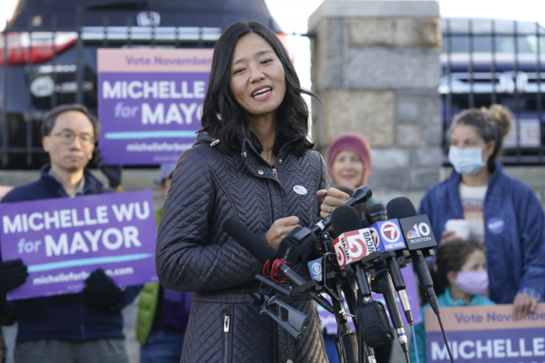 Michelle Wu faces reporters after casting her ballot at a polling station, in the Roslindale neighborhood, of Boston on Nov. 2, 2021. (Steven Senne/AP Photo)