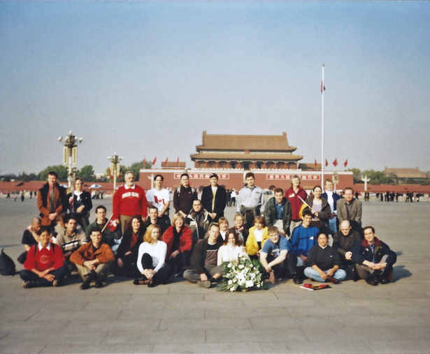 Falun Gong practitioners from 12 countries pose for a group photo beforing making the appeal on Tiananmen Square in Beijing, China, on Nov. 20, 2001. (Courtesy of Adam Leining)