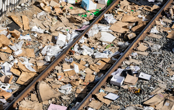 Empty boxes lay scattered near the railroad tracks after ongoing train robberies in the Lincoln Heights neighborhood of Los Angeles on Jan. 14, 2022. (John Fredricks/The Epoch Times)