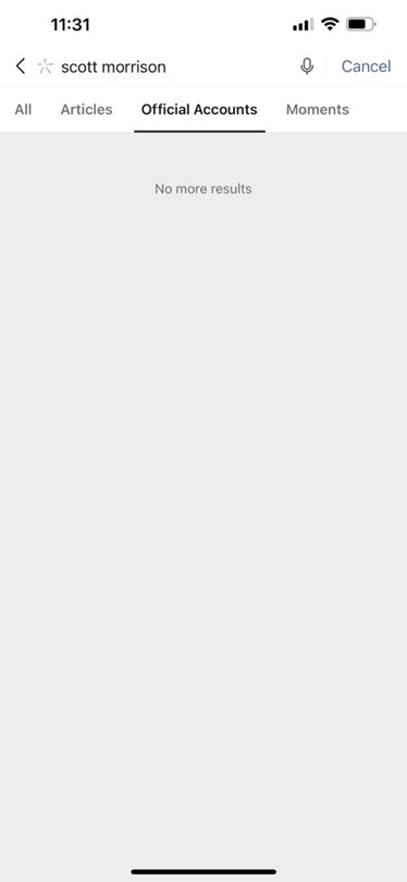 Search results for the words "Scott Morrison" in WeChat on Jan. 24, 2022. (Screenshot by The Epoch Times)