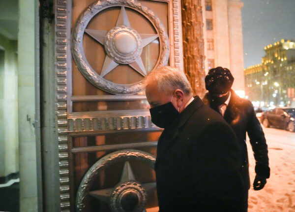 U.S. Ambassador to Russia John Sullivan enters the Russian Foreign Ministry building in Moscow, Russia, on Jan. 26, 2022. (AP Photo/Alexander Zemlianichenko)