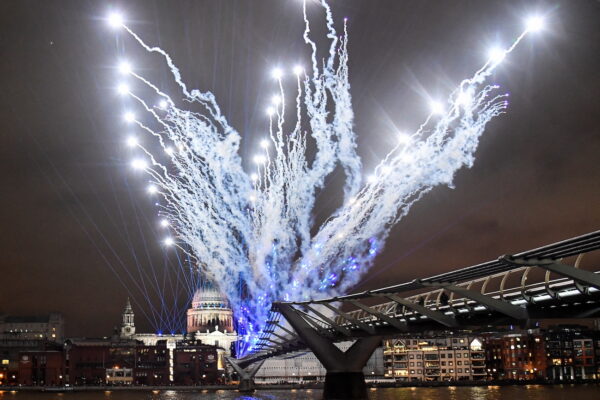 A light display to mark the New Year is seen over St Paul’s Cathedral in London, Britain, Jan. 1, 2022. (Toby Melville/Reuters)