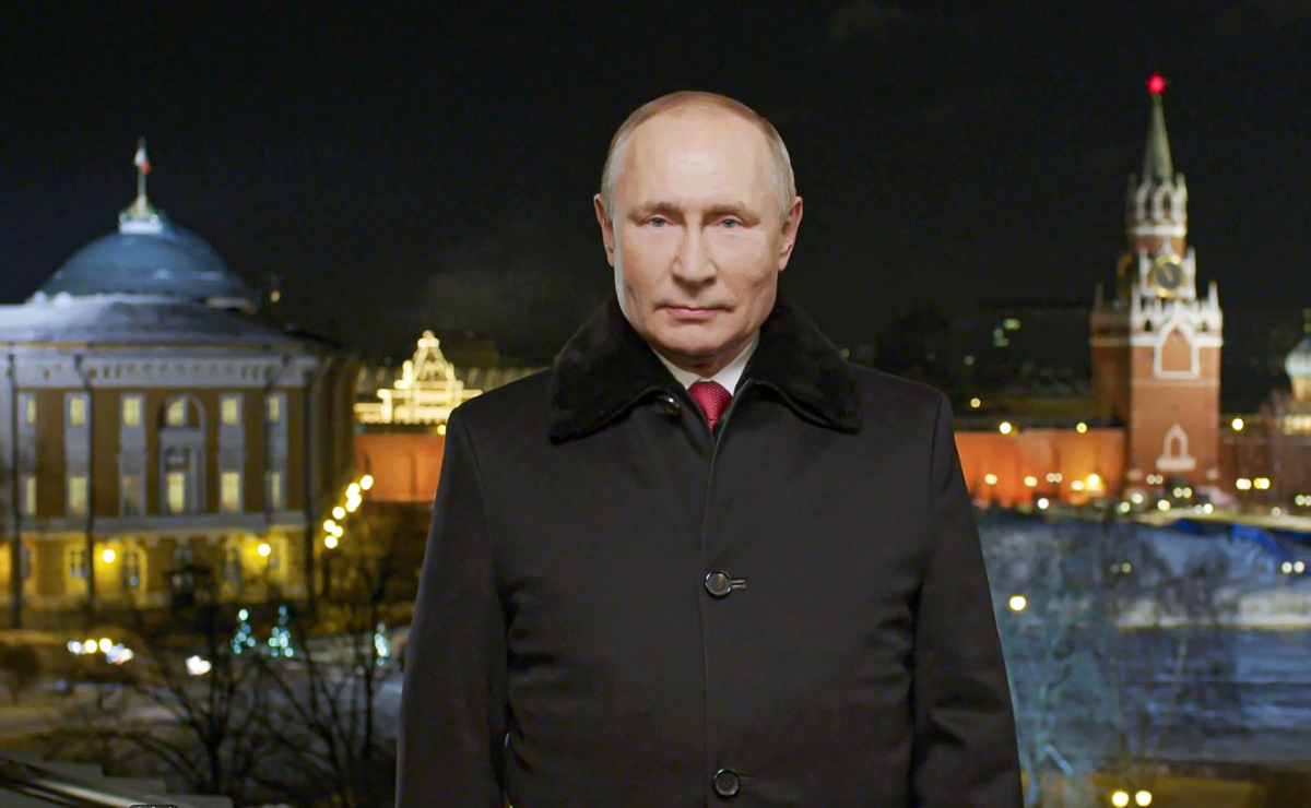 Russian President Vladimir Putin speaks during a recording of his annual televised New Year's message on New Year's eve in the Kremlin in Moscow, Russia. (Kremlin/Pool via AP)