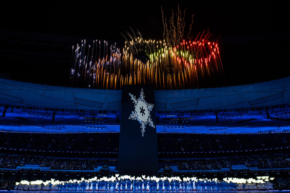 General View inside the stadium of the Olympic Cauldron as a firework display is seen above during the Opening Ceremony of the Beijing 2022 Winter Olympics at the Beijing National Stadium in Beijing, China, on Feb. 04, 2022. (David Ramos/Getty Images)