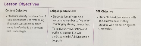 An example of "problematic" instructional material published on the Florida Department of Education website featuring a textbook section with a “Social and Emotional Learning” (SEL) objective beside a content objective of counting to five. (Florida Department of Education/fldoe.org)