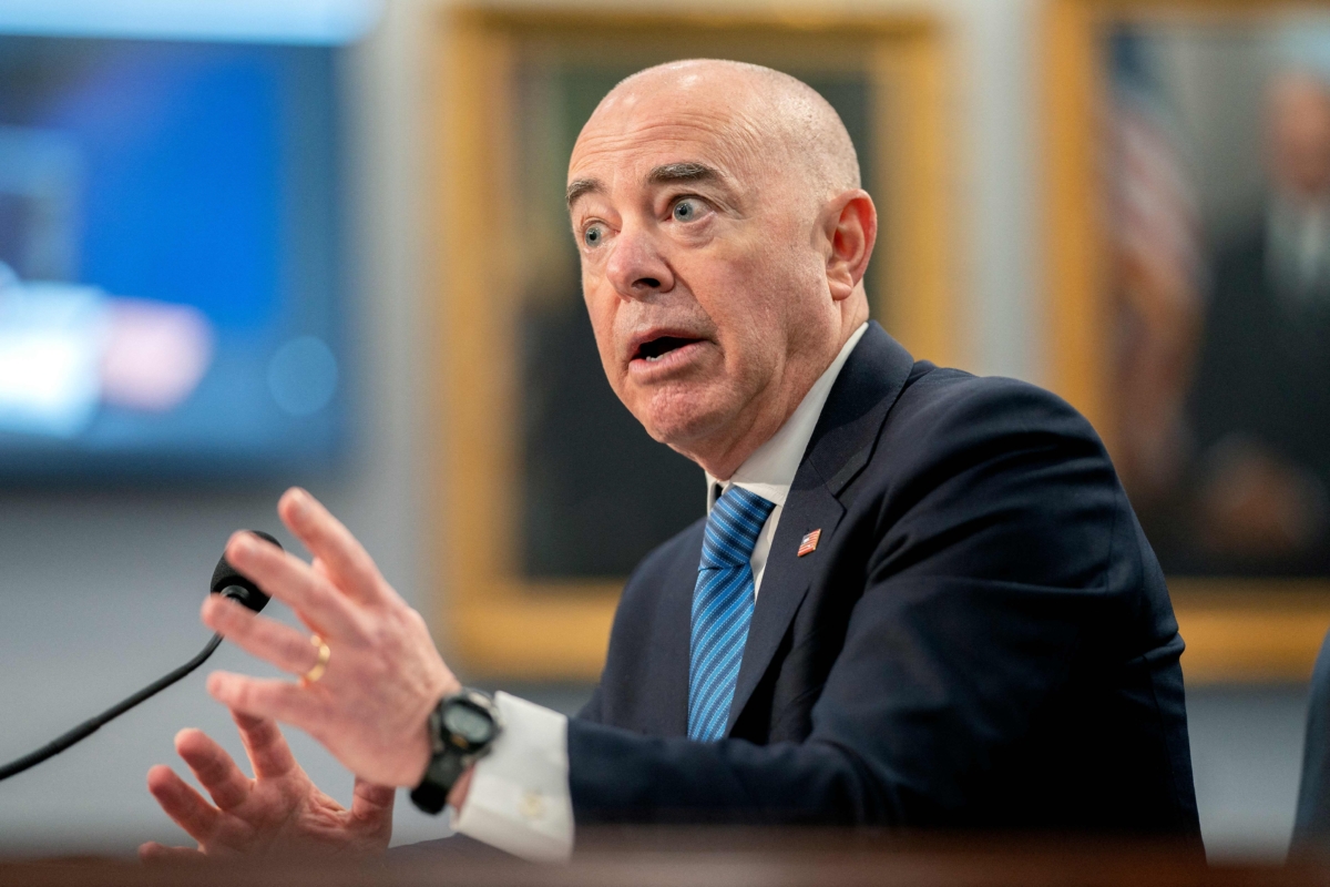 Homeland Security Secretary Alejandro Mayorkas testifies before a congressional panel in Washington on April 27, 2022. (Stefani Reynolds/AFP via Getty Images)
