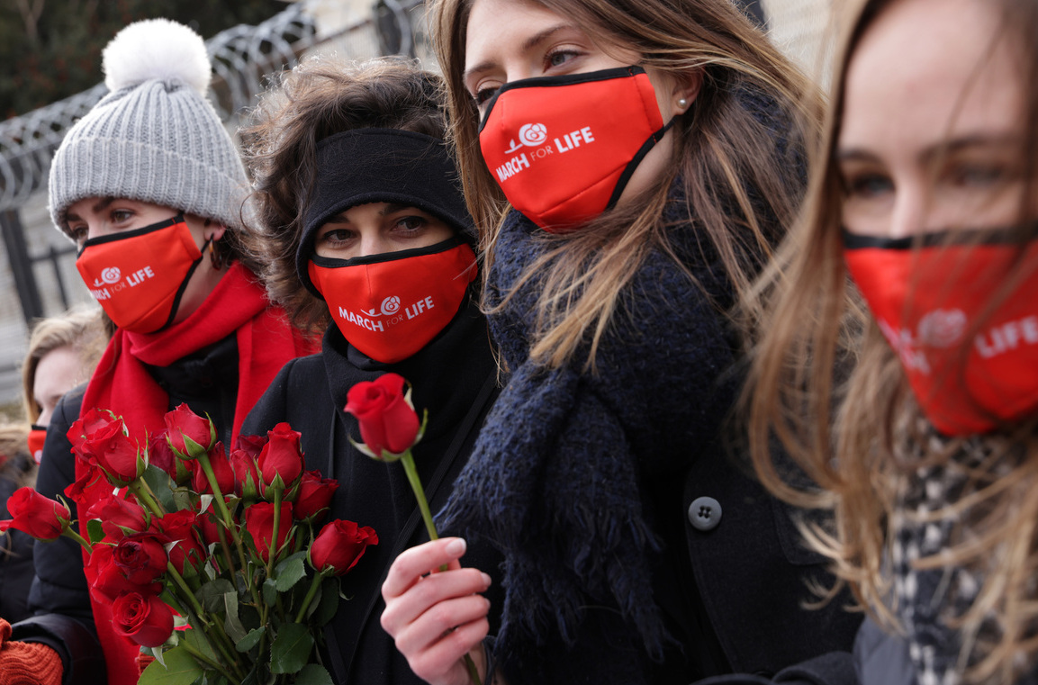 Pro-life activists participate in the 48th annual March for Life outside the U.S. Supreme Court in Washington on Jan. 29, 2021. (Alex Wong/Getty Images)