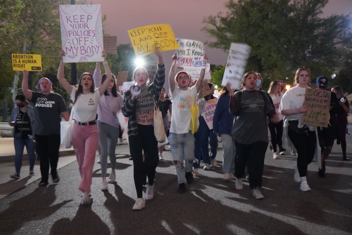 Pro-abortion protestors march near the U.S. Supreme Court in Washington, D.C. on May 3, 2022. (Jackson Elliott/The Epoch Times)