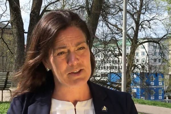 Swedish lawmaker Ann-Sofie Alm at an event to protest the persecution of Falun Dafa in China at the Chinese Consulate in Gothenburg, Sweden, on April 25, 2020. (Ella Kalogritsa/The Epoch Times)