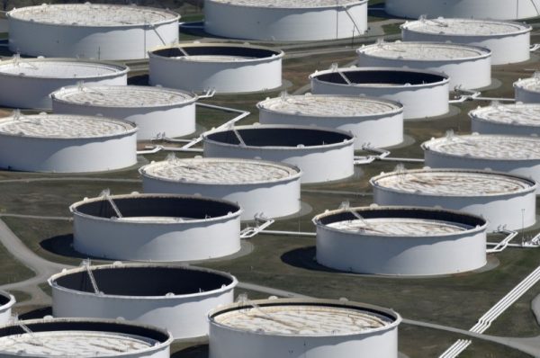 Crude oil storage tanks are seen from above at the Cushing oil hub in Cushing, Okla., on March 24, 2016. (Nick Oxford/Reuters)