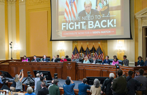 A video of former President Donald Trump is seen on a screen at the second hearing held by the Jan. 6 Committee on Capitol Hill in Washington on June 13, 2022. (Mandel Ngan-Pool/Getty Images)