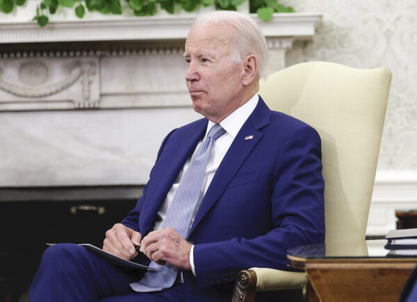 U.S. President Joe Biden speaks during a meeting with Federal Reserve Chairman Jerome Powell and Treasury Secretary Janet Yellen in the Oval Office at the White House in Washington on May 31, 2022. (Kevin Dietsch/Getty Images)