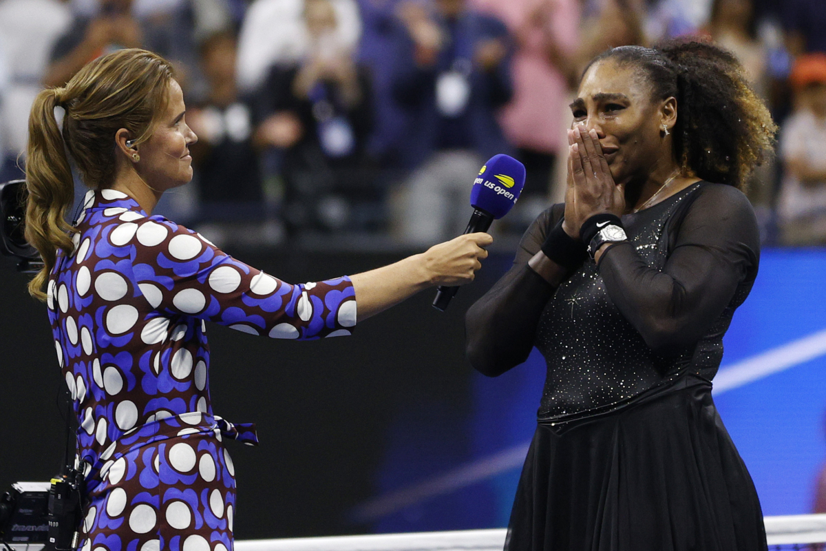 Serena Williams of the United States reacts as she is interviewed after being defeated by Ajla Tomlijanovic of Australia during their women’s singles third round match on day five of the 2022 U.S. Open at USTA Billie Jean King National Tennis Center in New York on Sept. 2, 2022. (Sarah Stier/Getty Images)