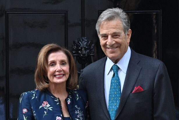 House Speaker Nancy Pelosi (L) and her husband Paul Pelosi, outside of 10 Downing Street in central London on Sept. 16, 2021. (Justin Tallis/AFP via Getty Images)